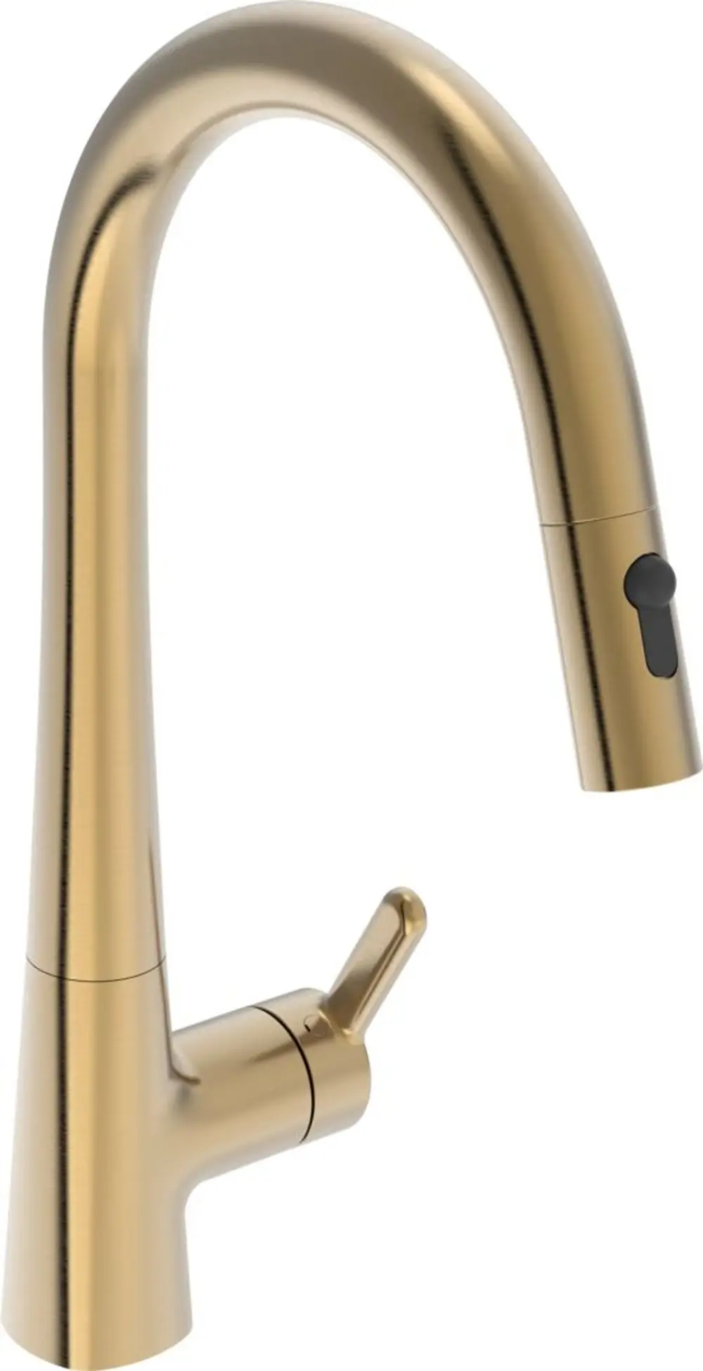 Küchenarmatur in gebürsteter Bronze mit einem hochgebogenen Auslauf und einem seitlichen Hebel zur Wassermengen- und Temperaturregelung, hergestellt von HANSA.